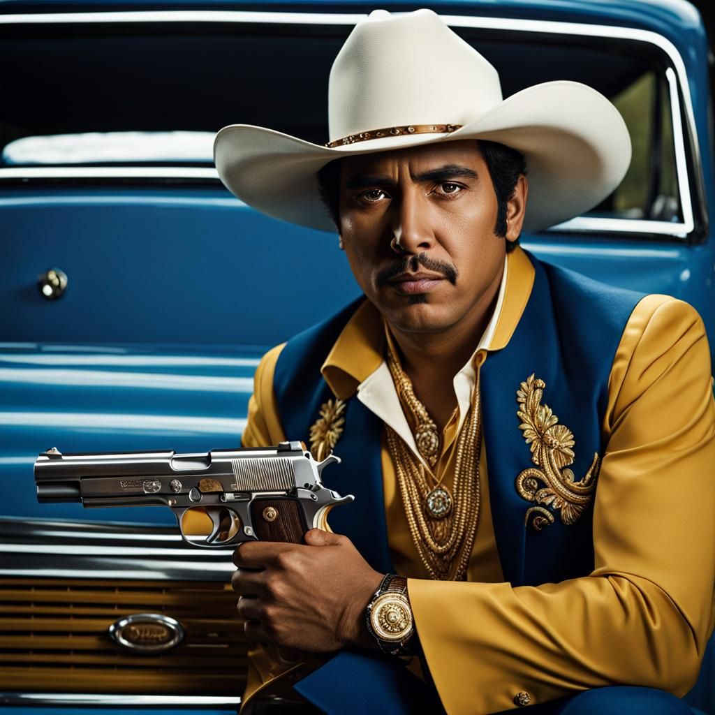 Young Man with Gold Pistol and Vintage Truck