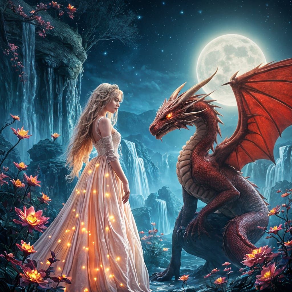 Red Dragon and Princess in Dreamlike Encounter