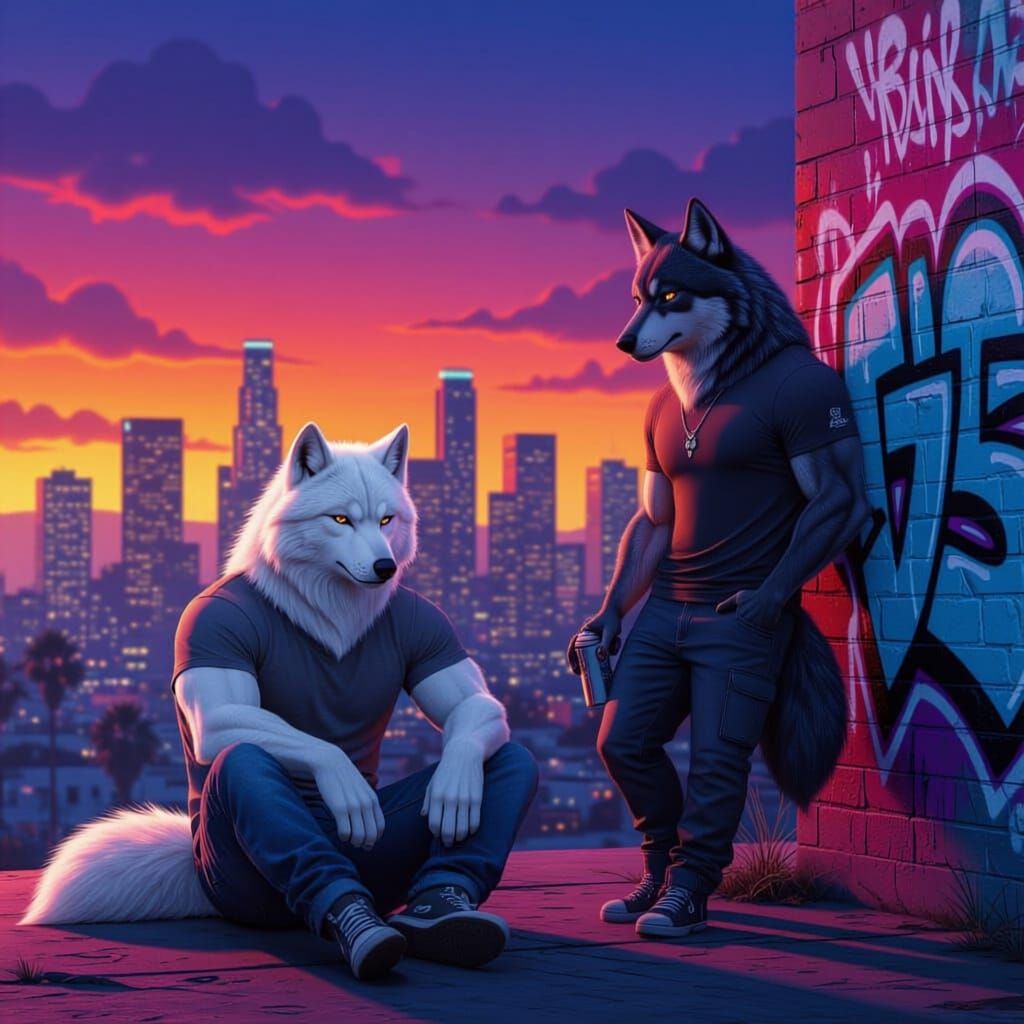 Muscular Wolves in Cityscape with Graffiti