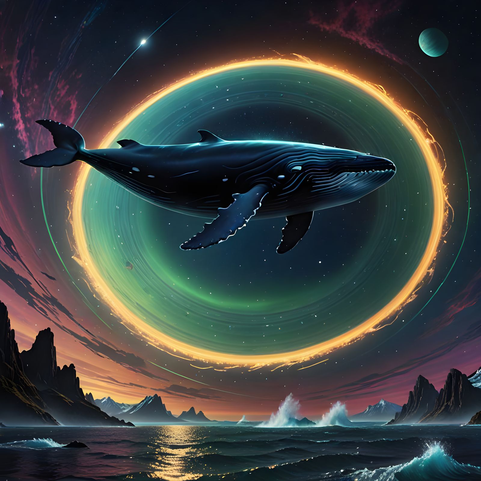 Majestic Bioluminescent Whale Breaching Saturn's Rings