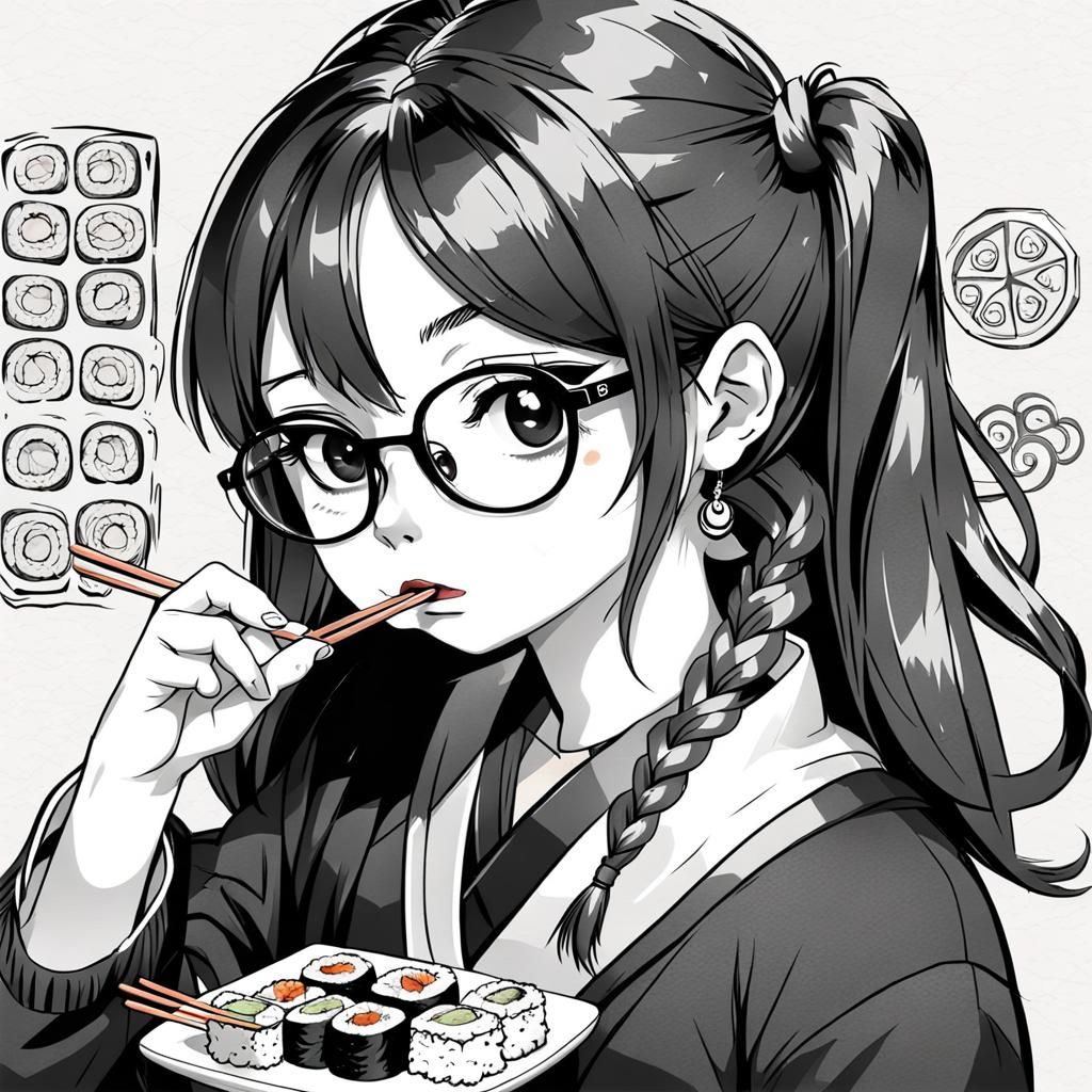 Anime Girl with Sushi, Hand-Drawn Style