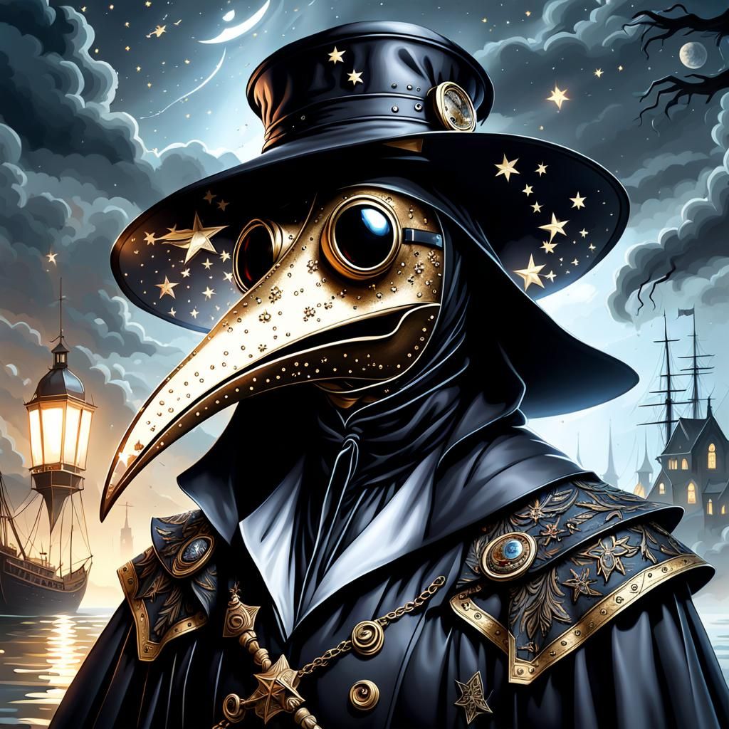 Gothic Plague Doctor in Starry Fishing Hamlet