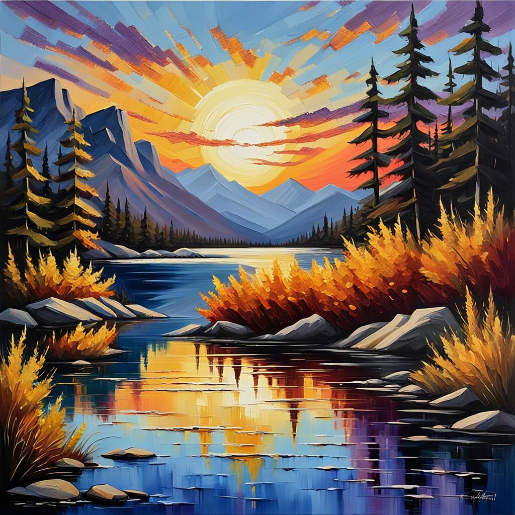 Golden Sunset Landscape as Impasto Painting