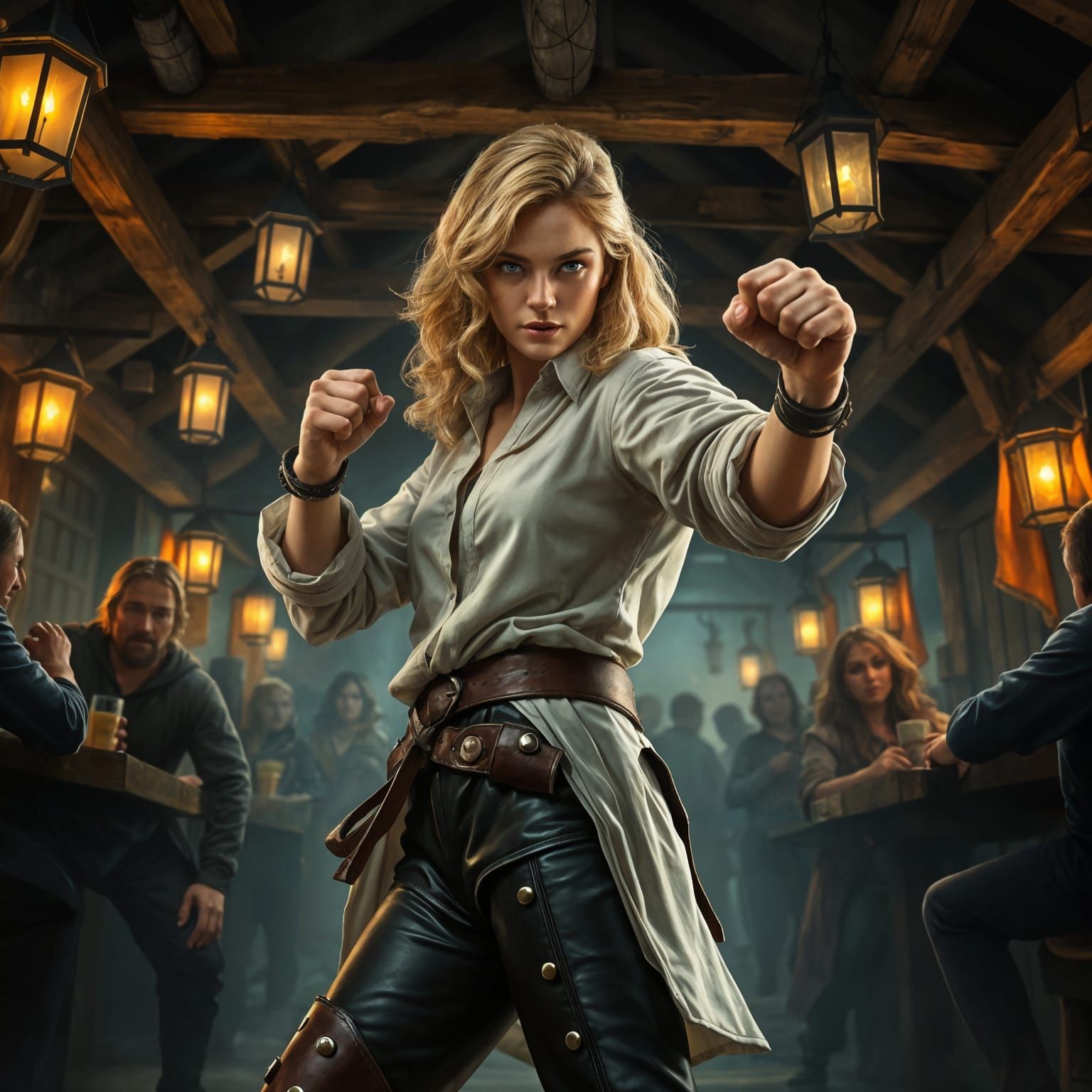 Medieval Fantasy Warrior Stands Ready in Bustling Tavern