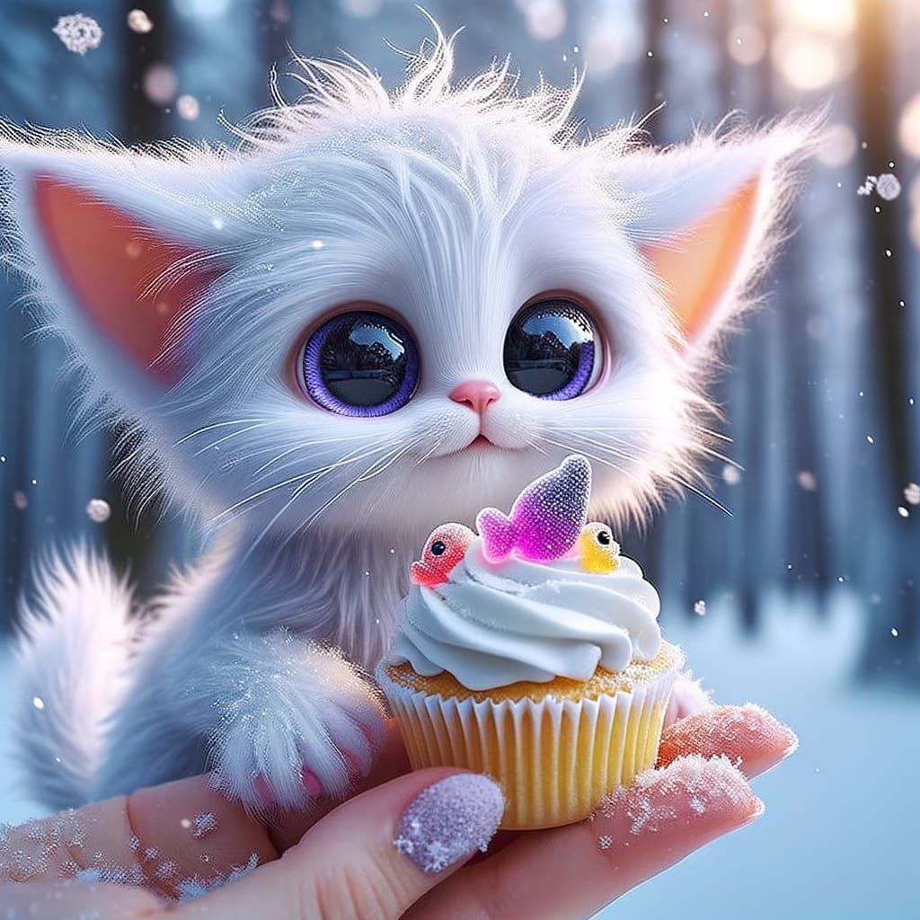 Cute Kitten With Gummy Fish Cupcake in Snowy Forest