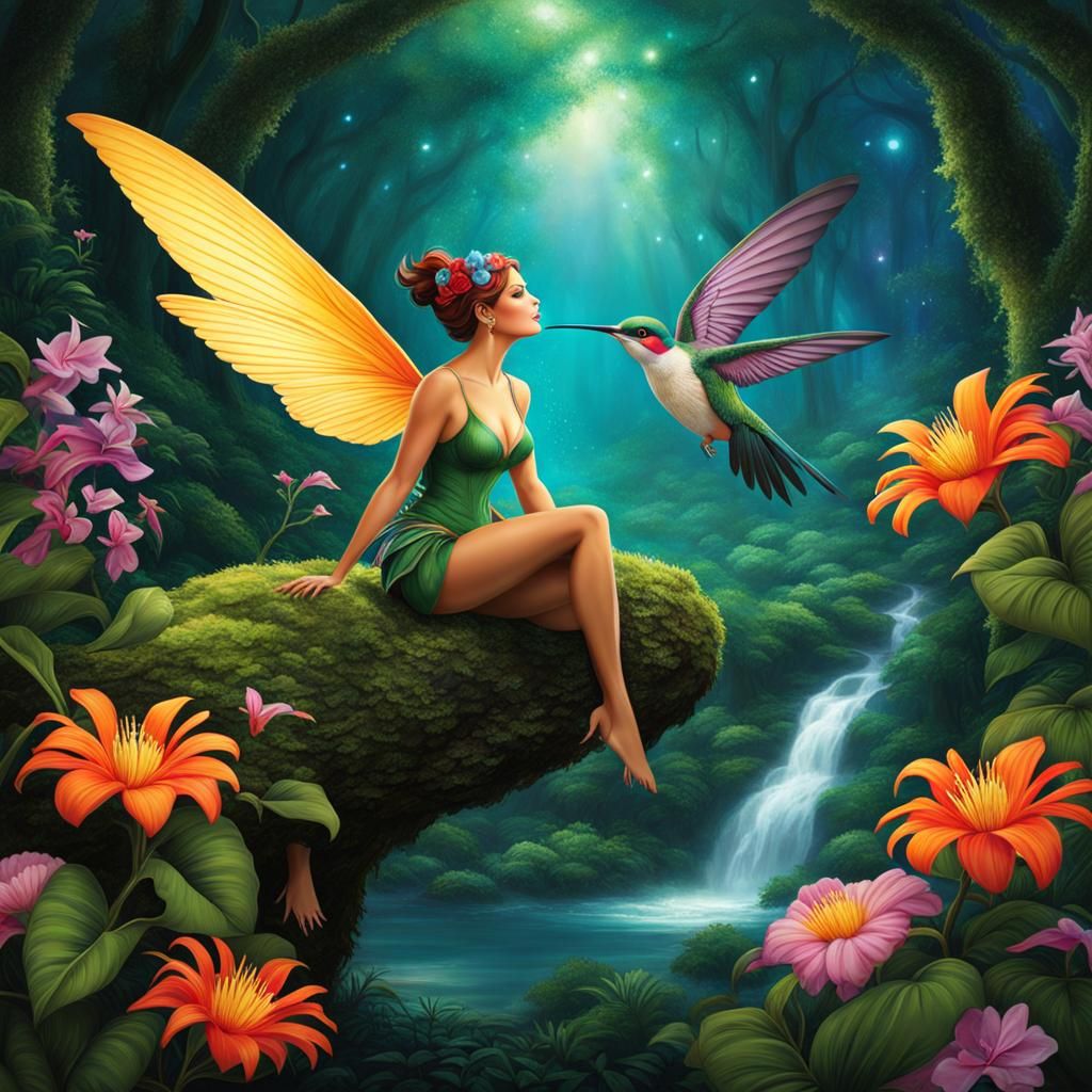 Pixie Riding Hummingbird in Enchanted Forest