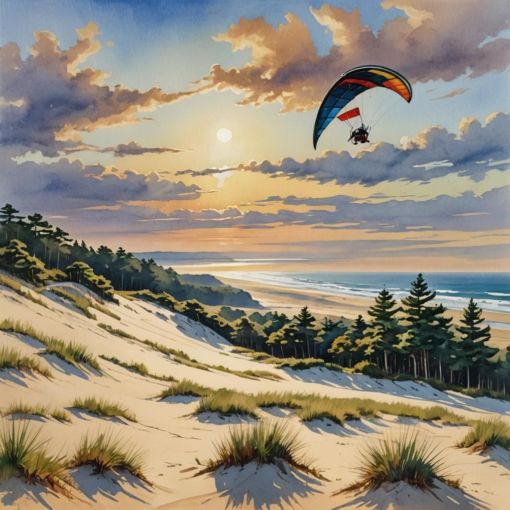 North Carolina Sunrise: Hang Glider Over Dunes in Gouache