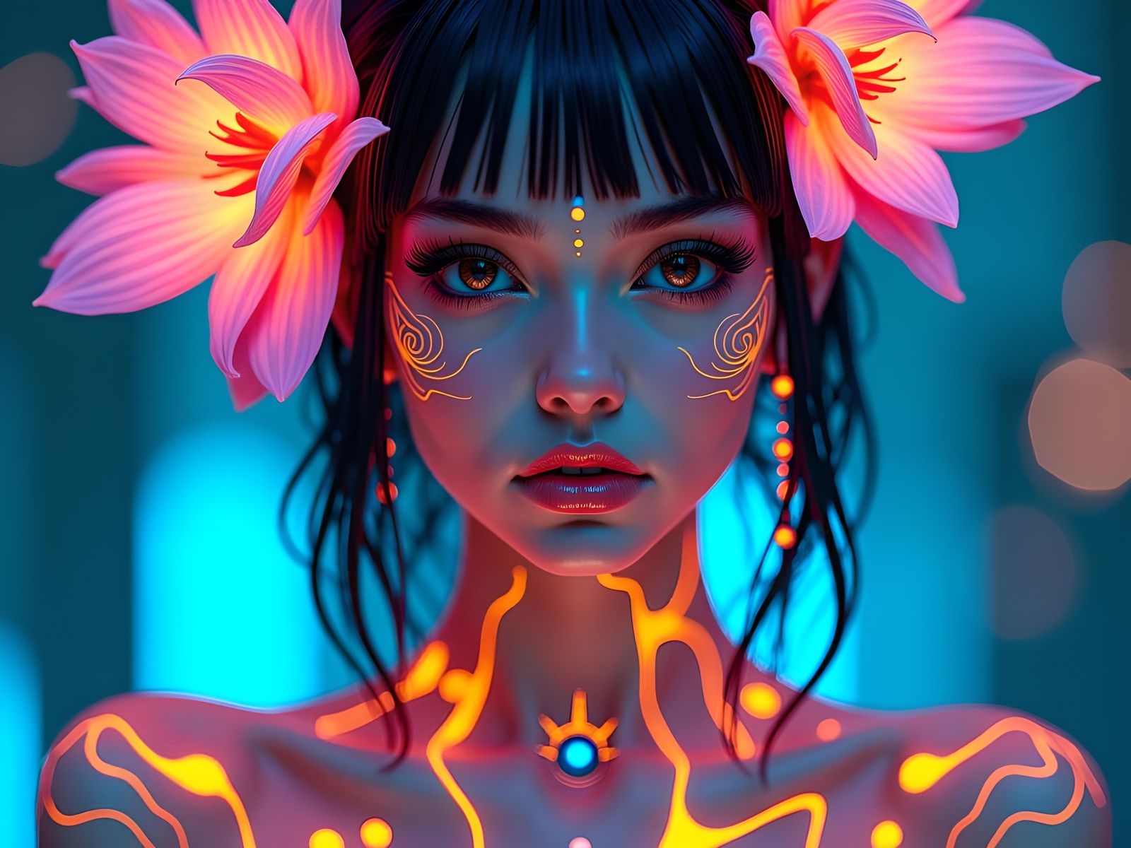 Ornate Neon Woman in Vaporwave Style