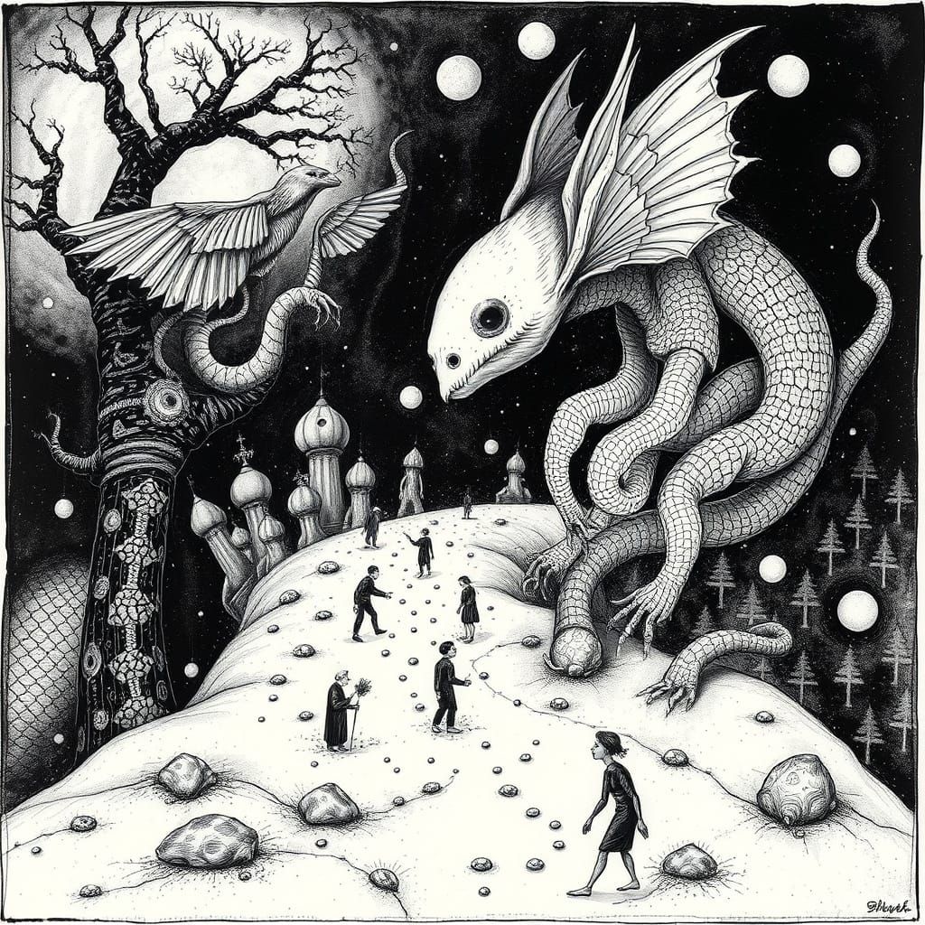 Fantastical Etchings of Dreamlike Creatures in Surreal Style