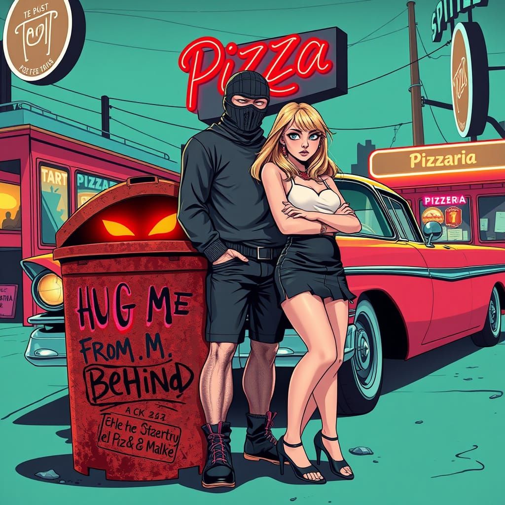 Pop Art Scene with Balaclava-Clad Man, Blonde Girl, and Graf...