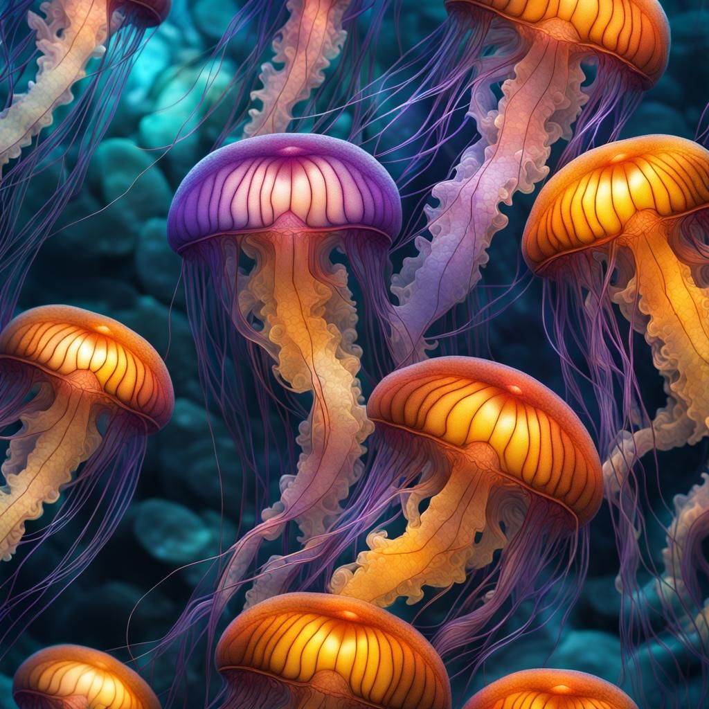 Luminescent Jellyfish Mosaic in Deep Sea