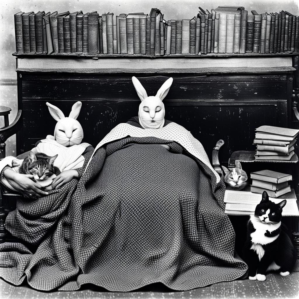 Antique Photo: Woman with Cats and Bunny Mask