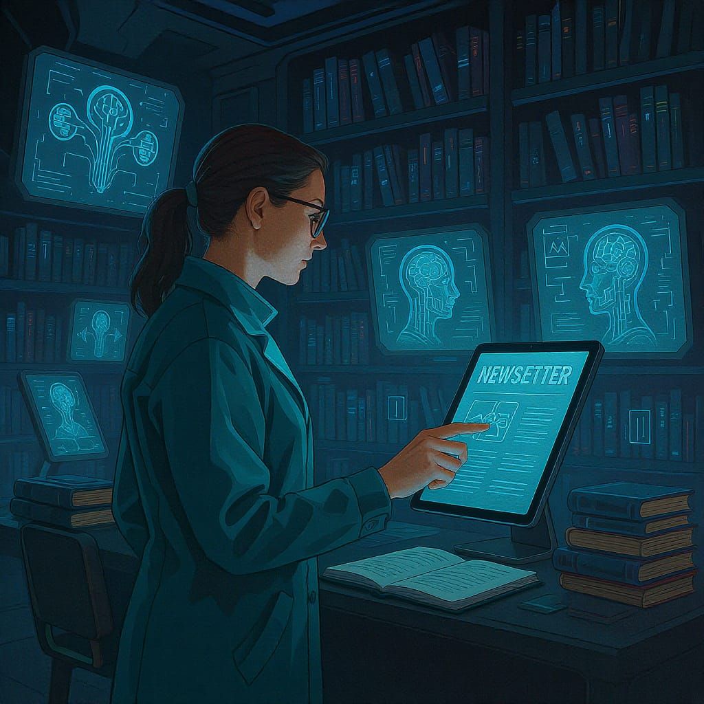 Futuristic AI Researcher Reading in Augmented Library