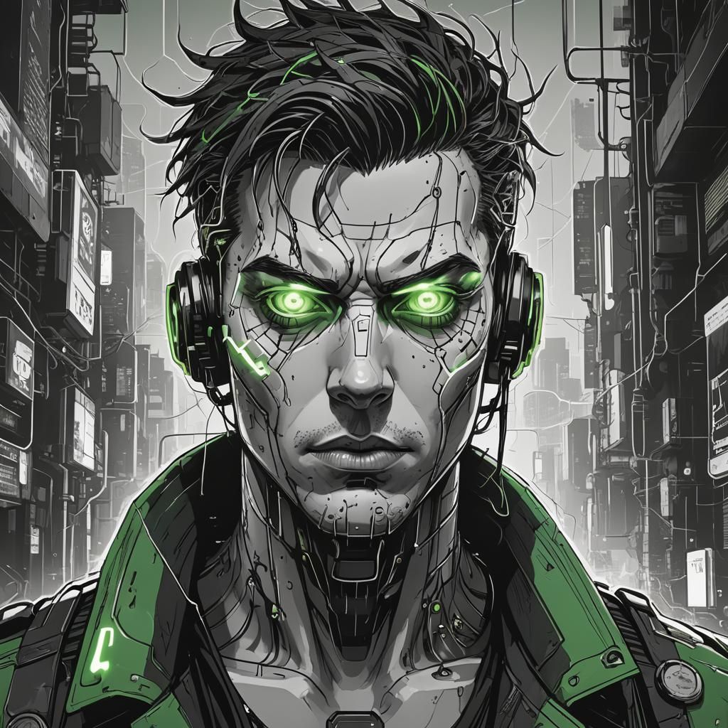 Cyberpunk Hero: Gritty Tritone Line Art with Green Eyes