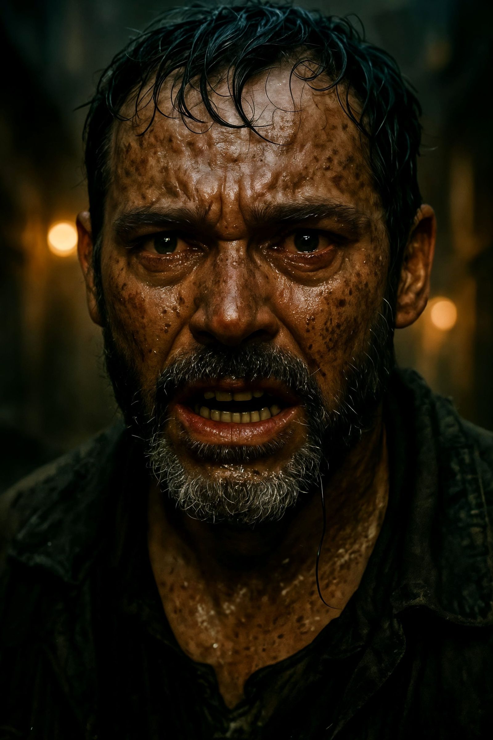 Intense Portrait of Man in Post-Apocalyptic Setting