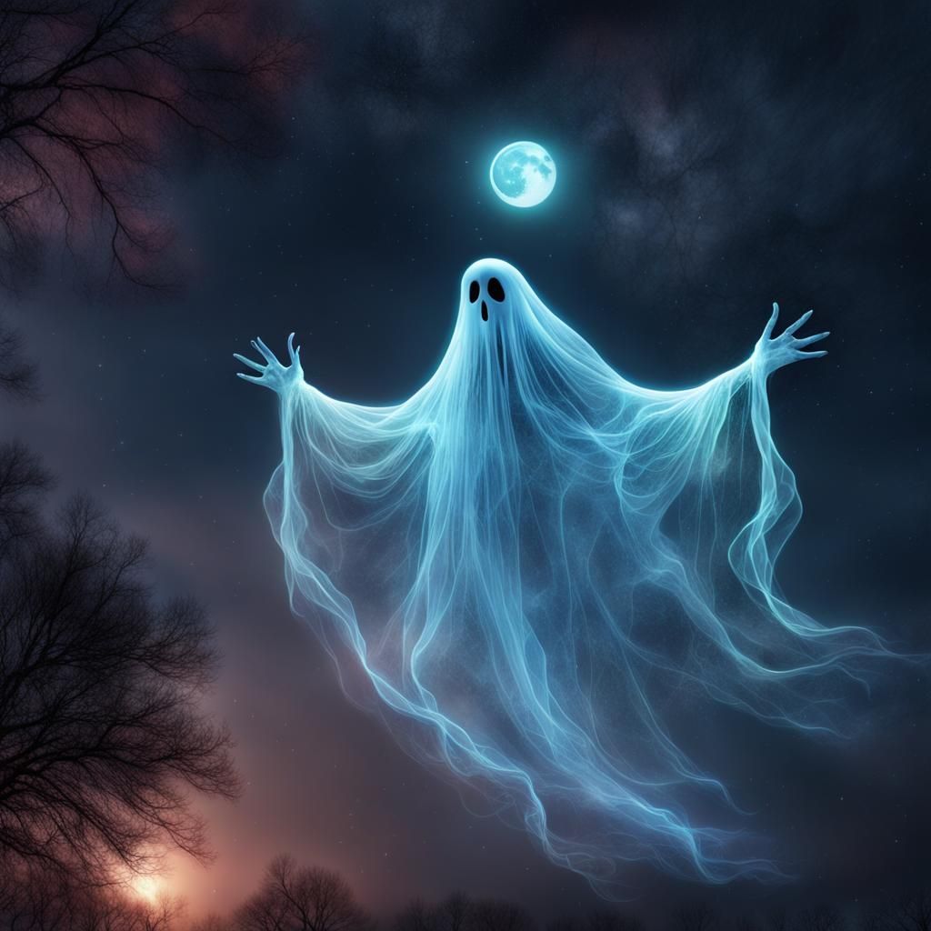 Ethereal Ghost Gazing at Bioluminescent Moon