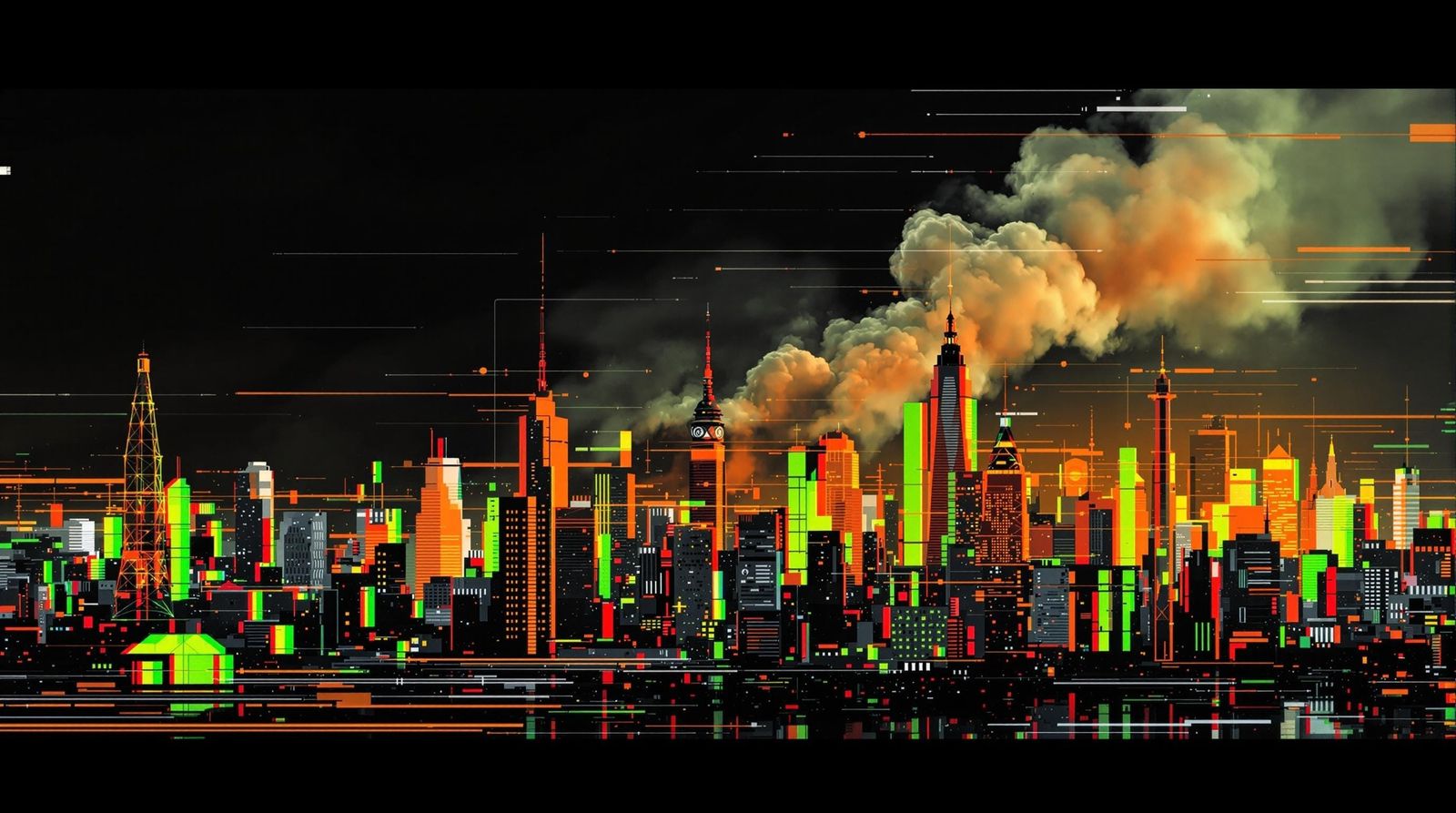 Neon Cityscape Fragmented by Digital Chaos