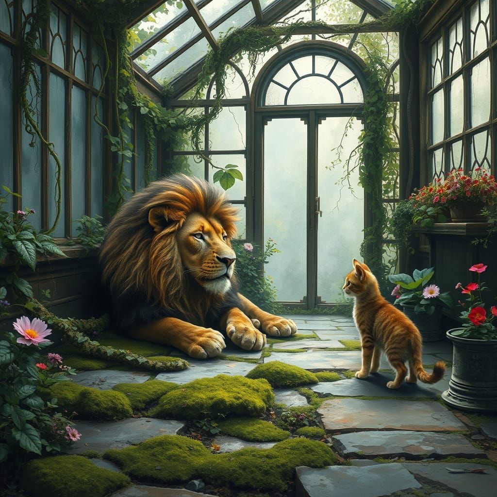 Lion Resting in Overgrown Greenhouse, Painterly Realism
