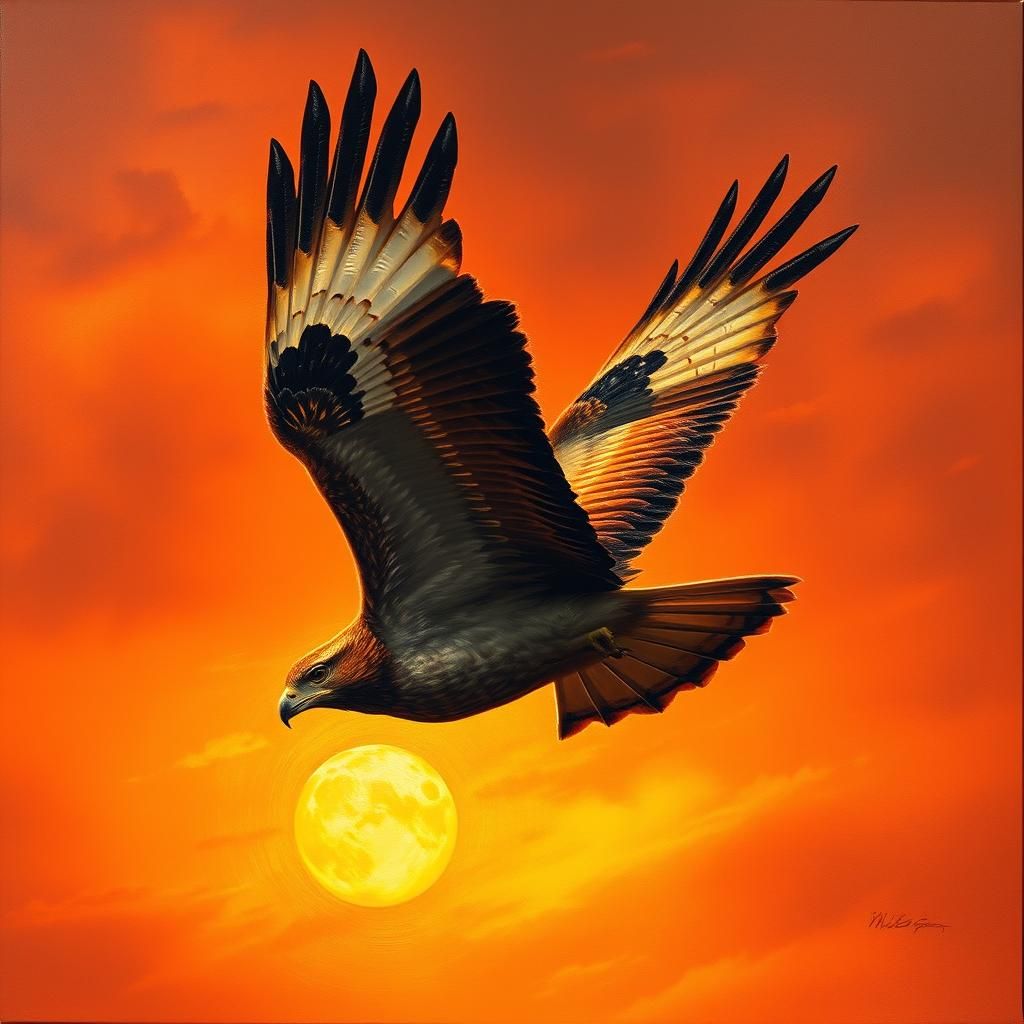 Hawk Soaring at Sunset, Expressive Oil Painting