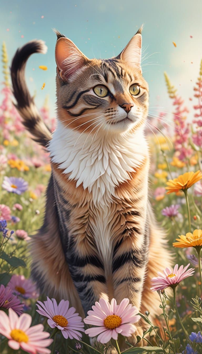Cyprus Cat Flying in Flower Field, Watercolor Style