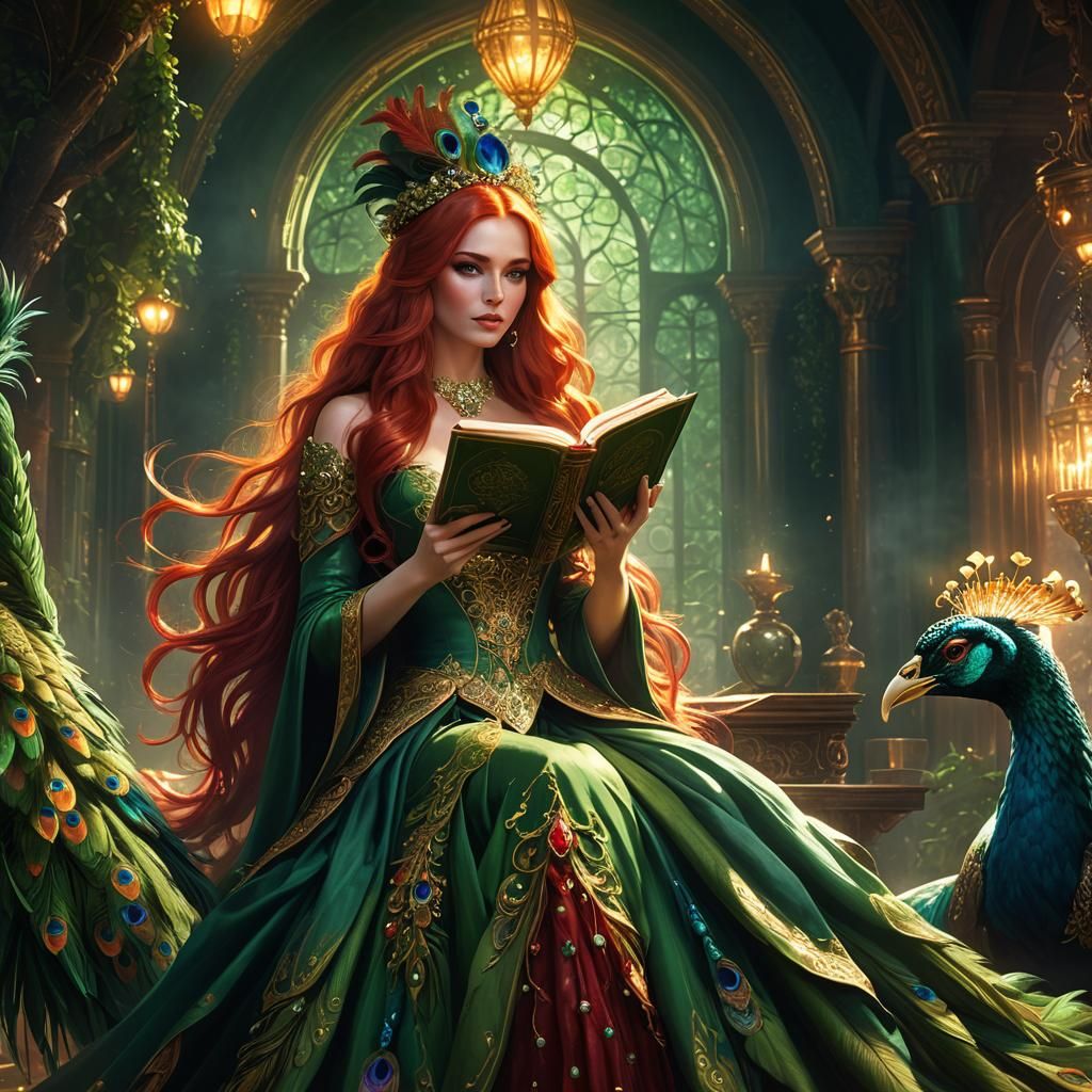 Girl Riding Peacock with Spell Book, Digital Art