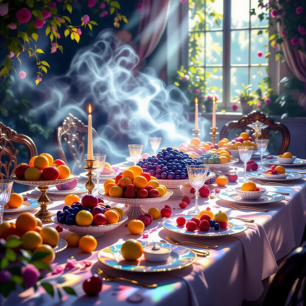 Enchanted Banquet Table with Glowing Foods