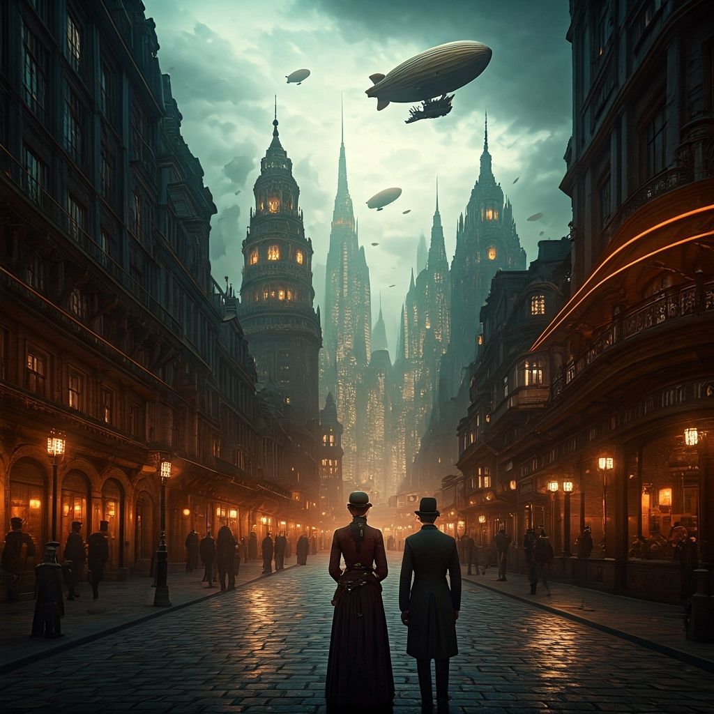 Steampunk Cityscape with Airships and Steam Towers