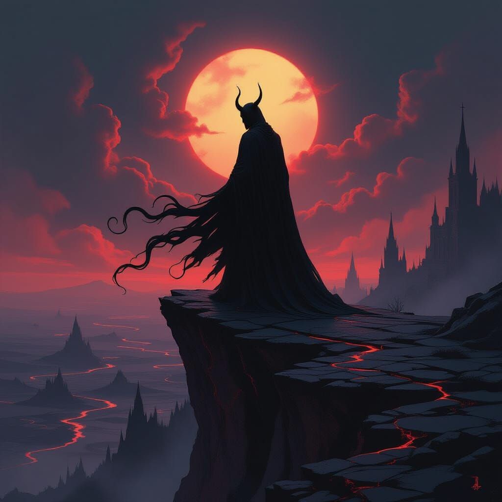 Dark Fantasy Devil Overlooking Volcanic Landscape