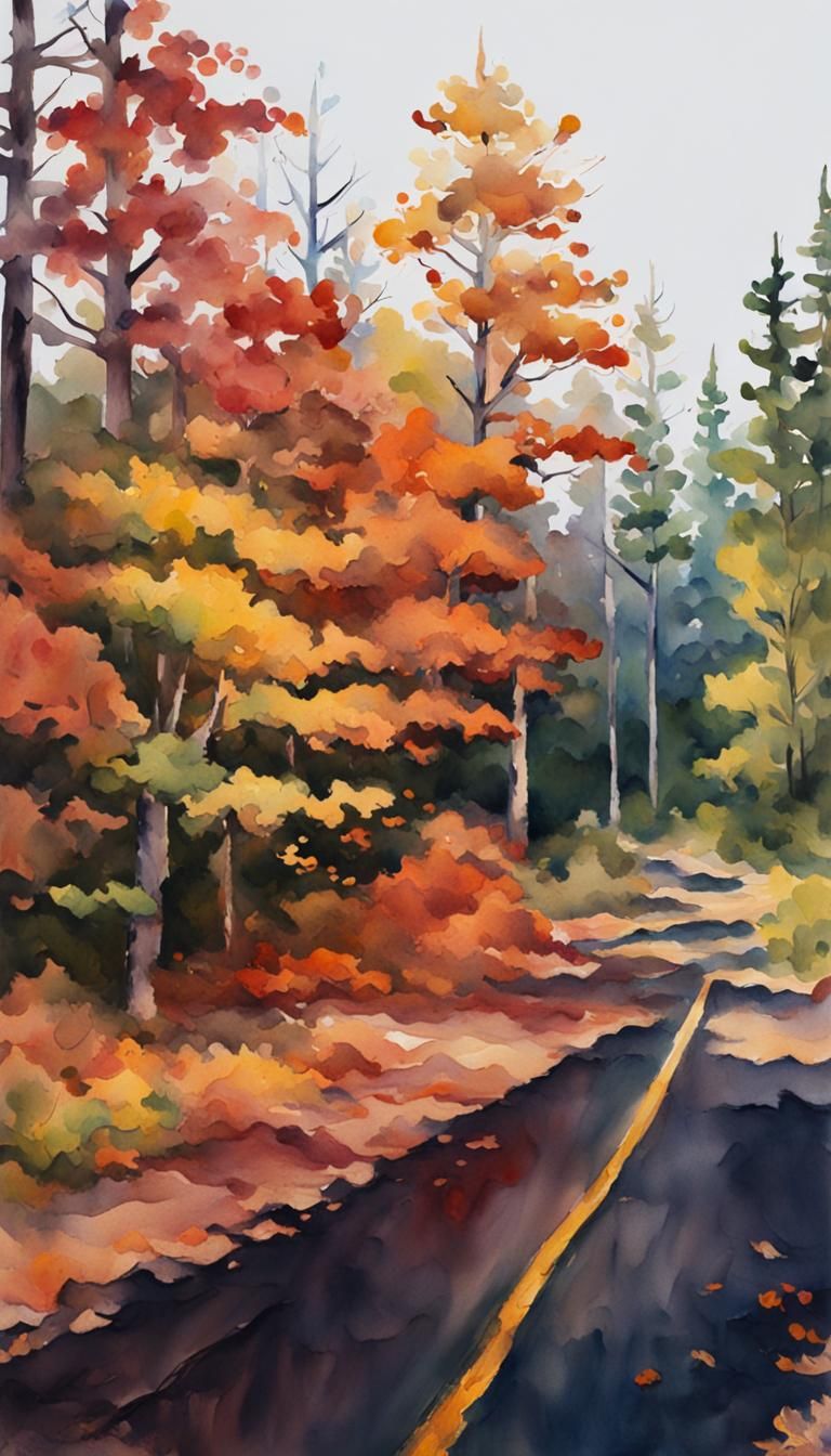 Autumnal National Park Trail in Gouache Watercolor