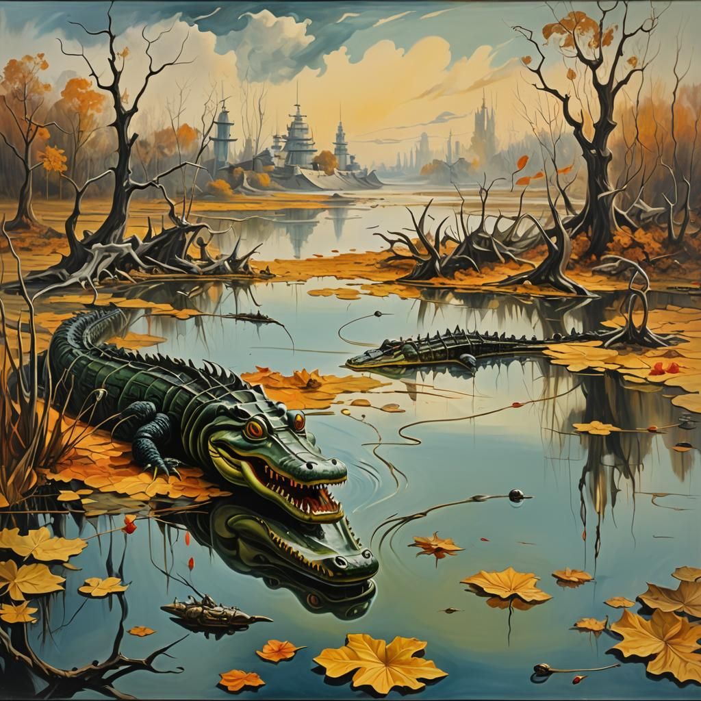 Surreal Alligator in Autumn Pond: Dali-esque Painting