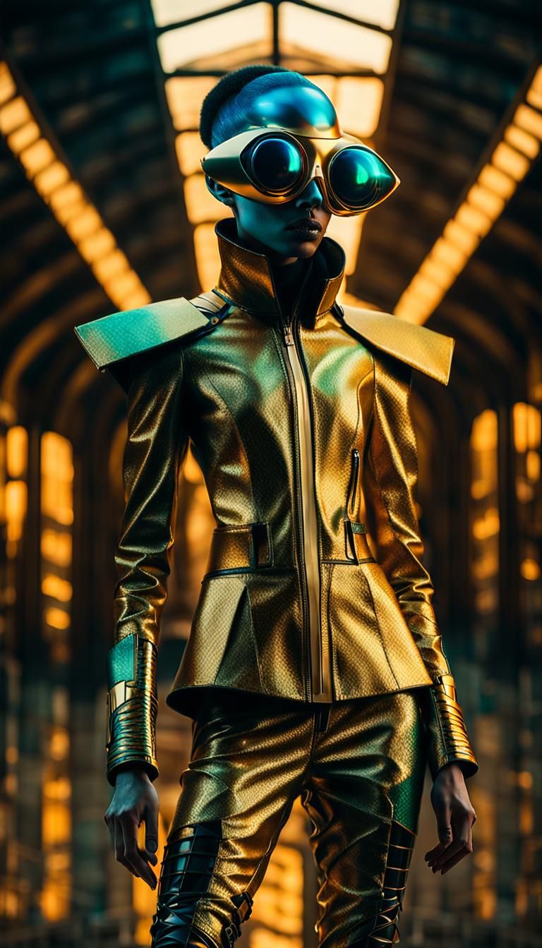 Solarpunk Model in Futuristic Haute Couture Outfit