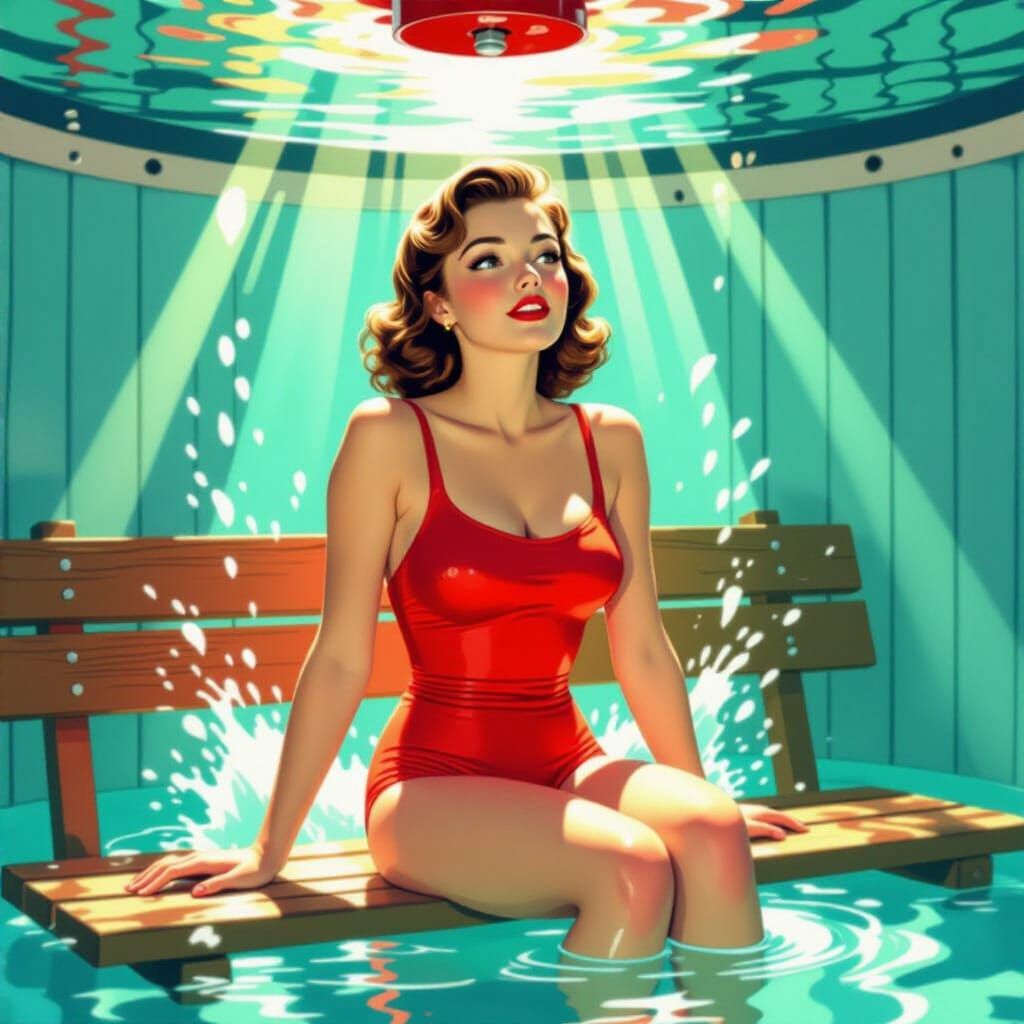 Retro Swimsuit Splash: Woman in Dunk Tank Illustration