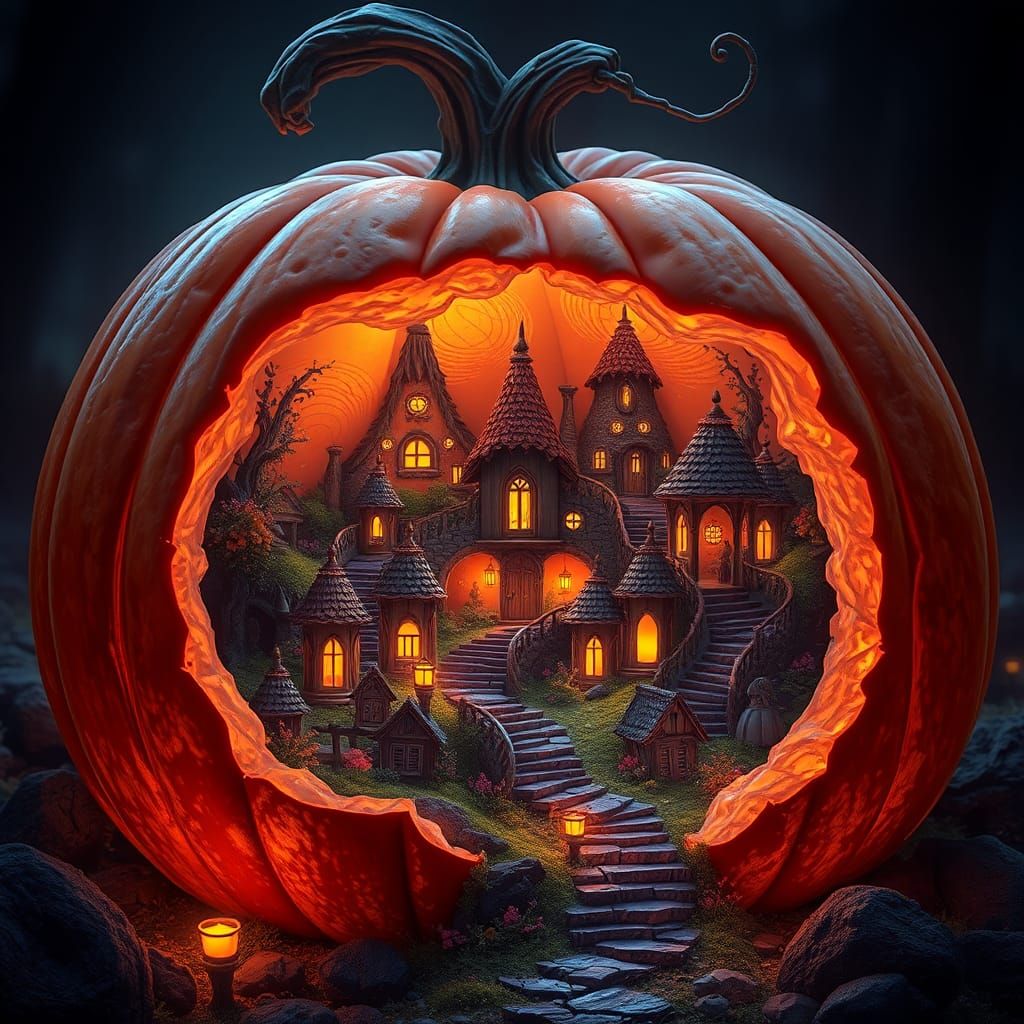 Glowing Pumpkin Fairy Village in Matte Painting Style