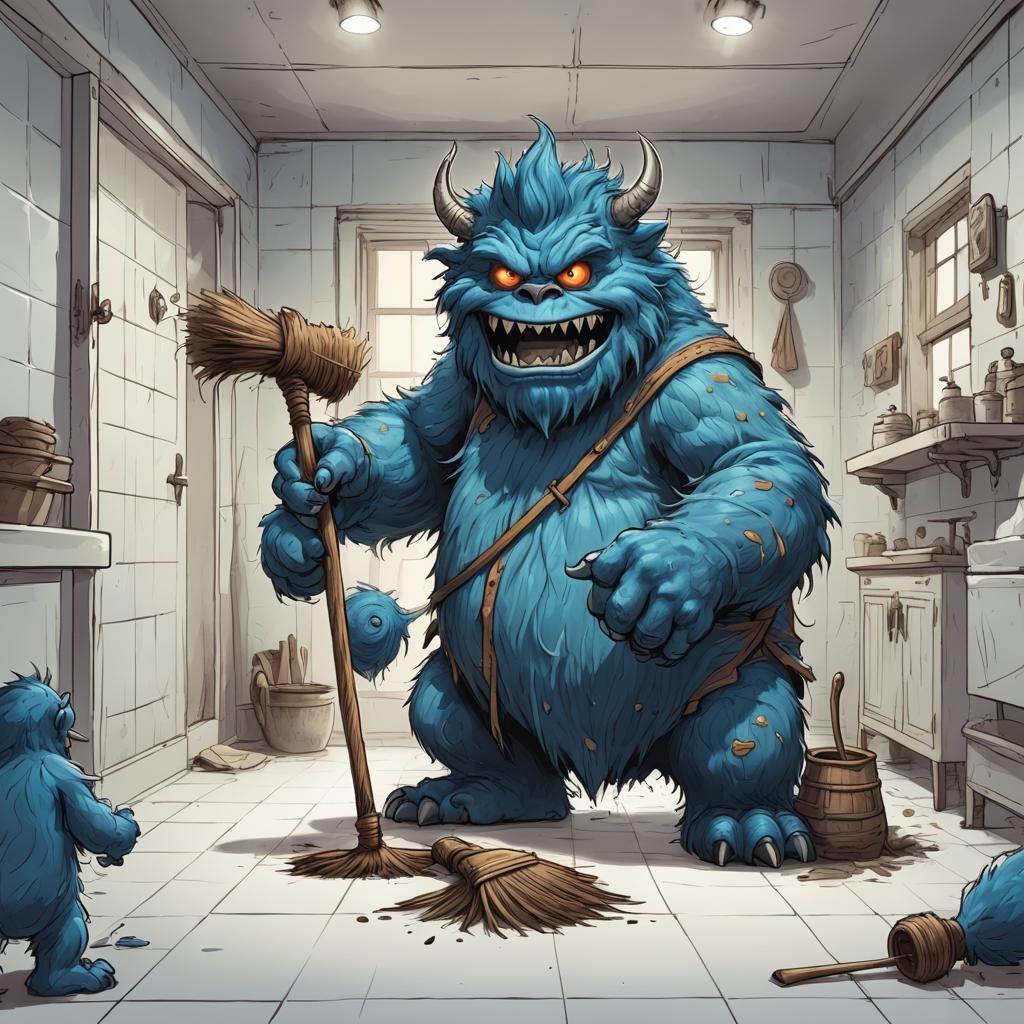 Man Attacks Blue Monster in Bathhouse, Hand-Drawn Style