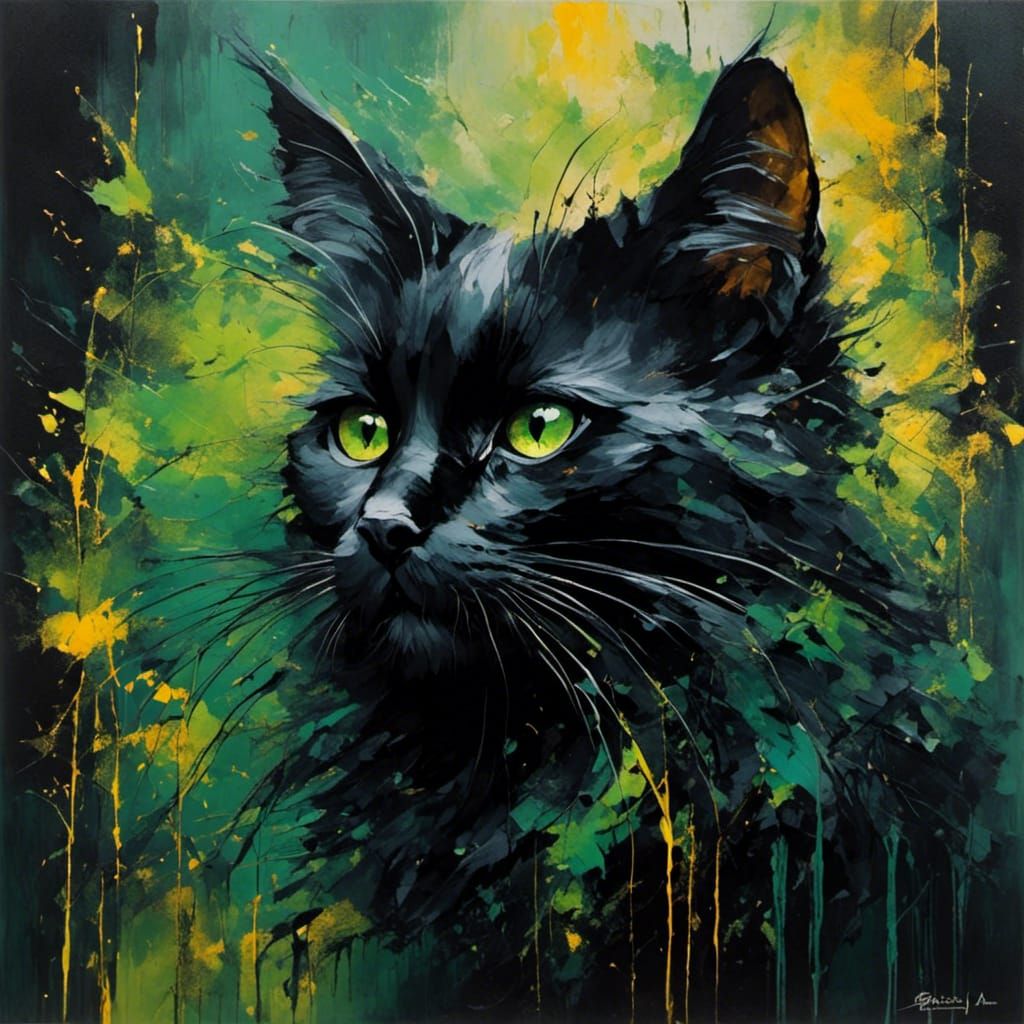 Pretty Black Cat with Yellow Eyes, Artistic Woodsplash