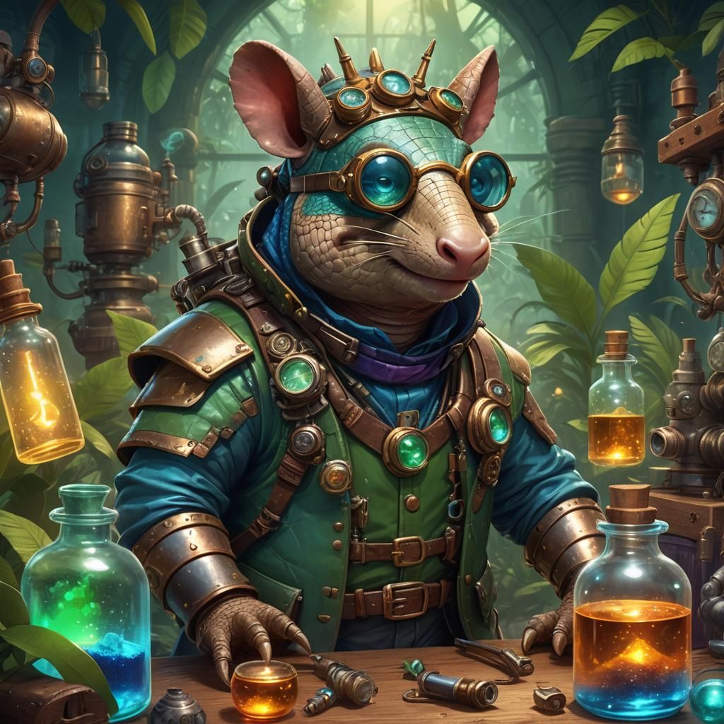 Steampunk Armadillo Alchemist in Jungle Lab: 3D Digital Art