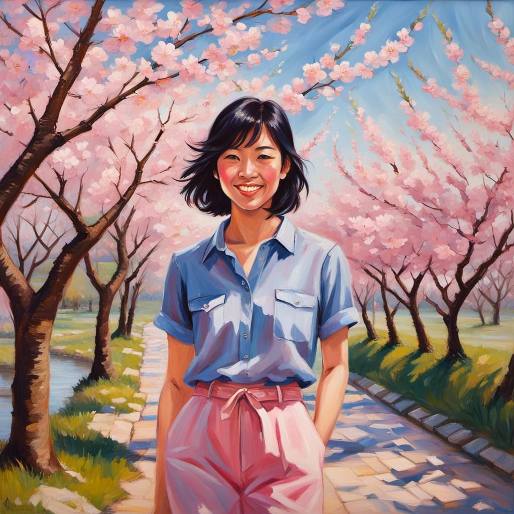 Aesthetic Teenage Girl Near Cherry Blossoms as Oil Painting