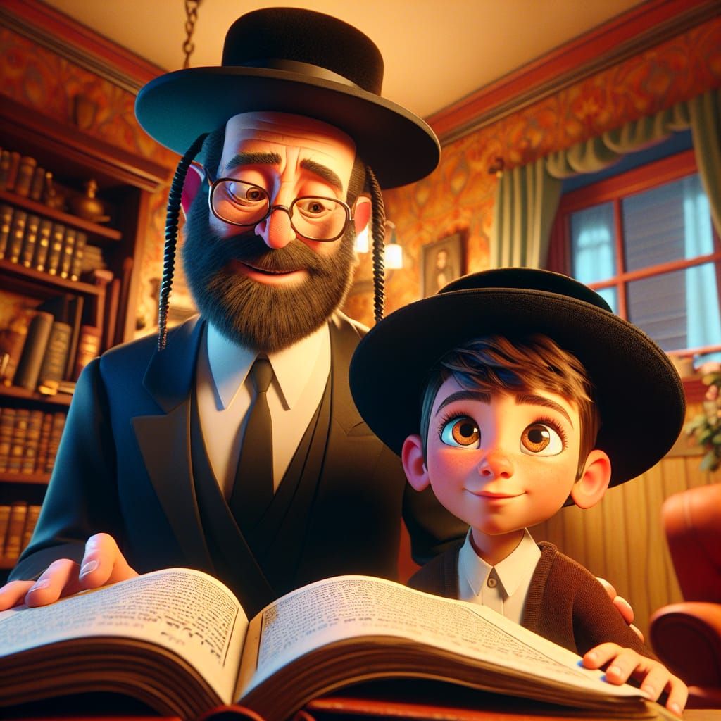 Hasidic Father and Son Studying Torah in Pixar Style