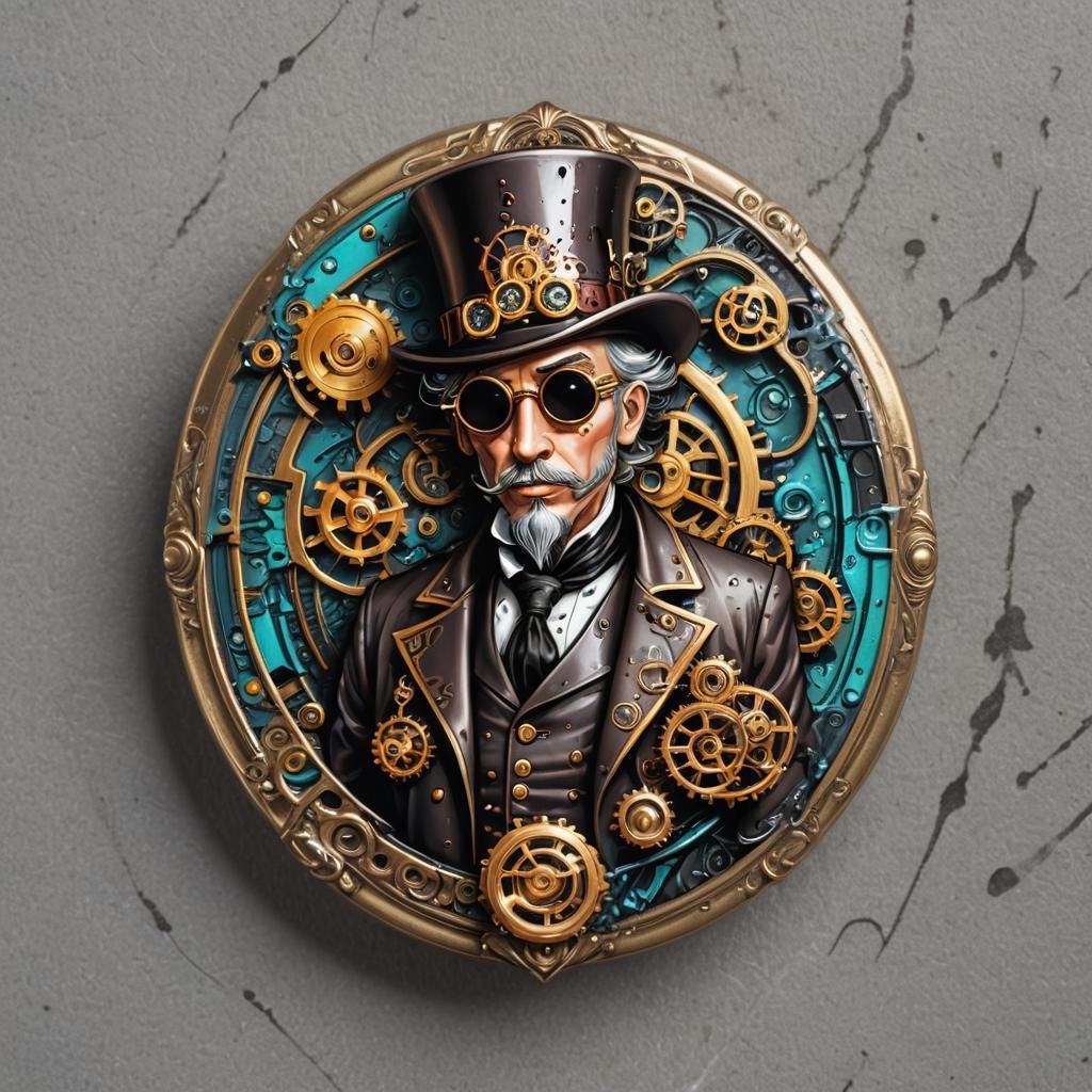 Steampunk Magician Pin Badge in Hyperrealistic Graffiti Art