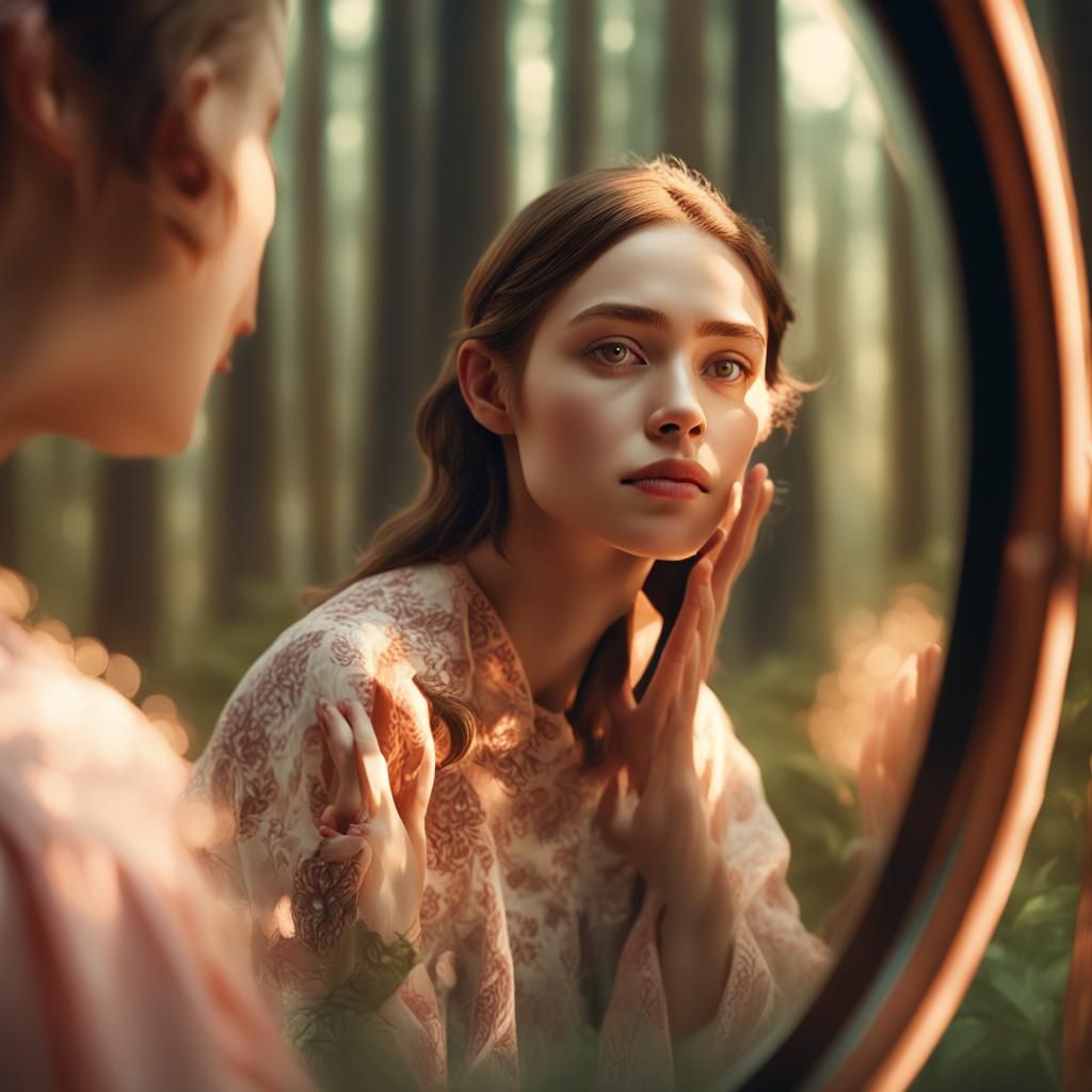 Woman in Forest Mirror: Hyperrealistic Macro Photography