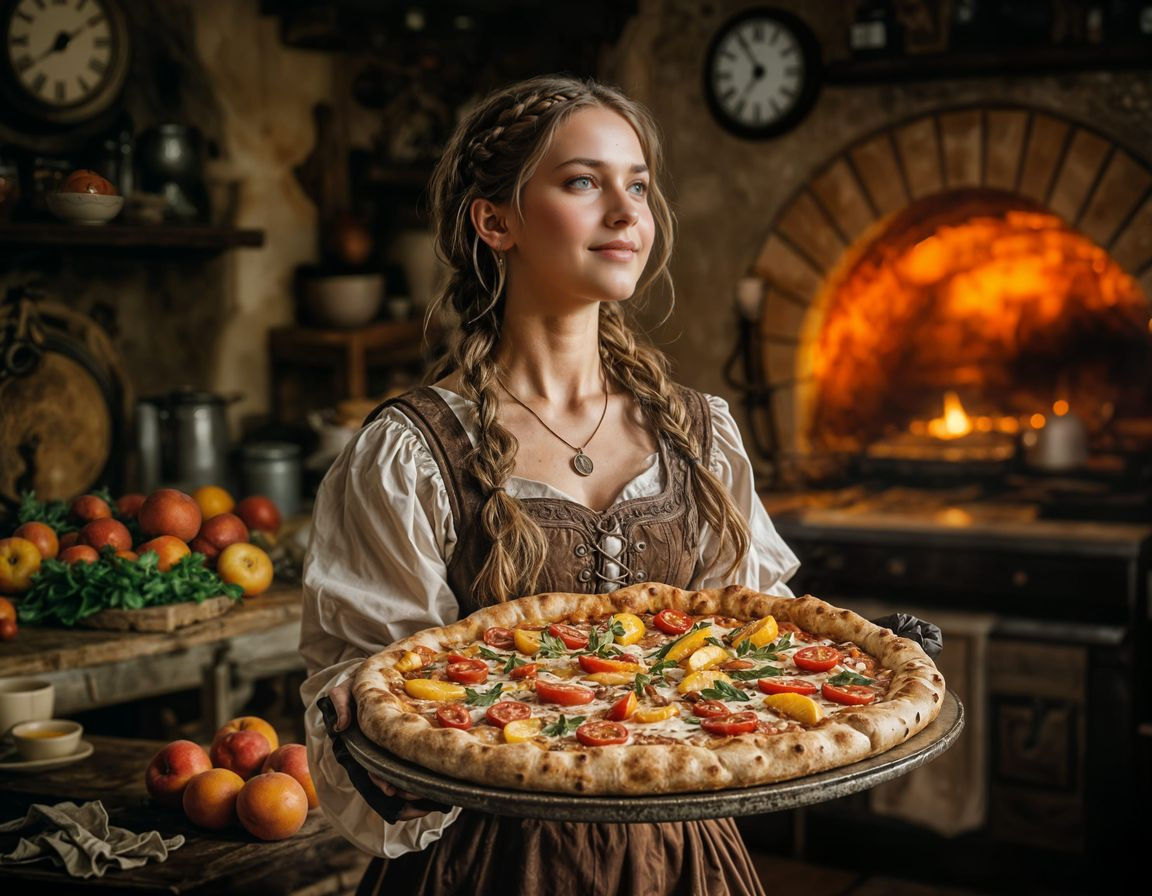 Renaissance Woman Holding Pizza with Peach Toppings