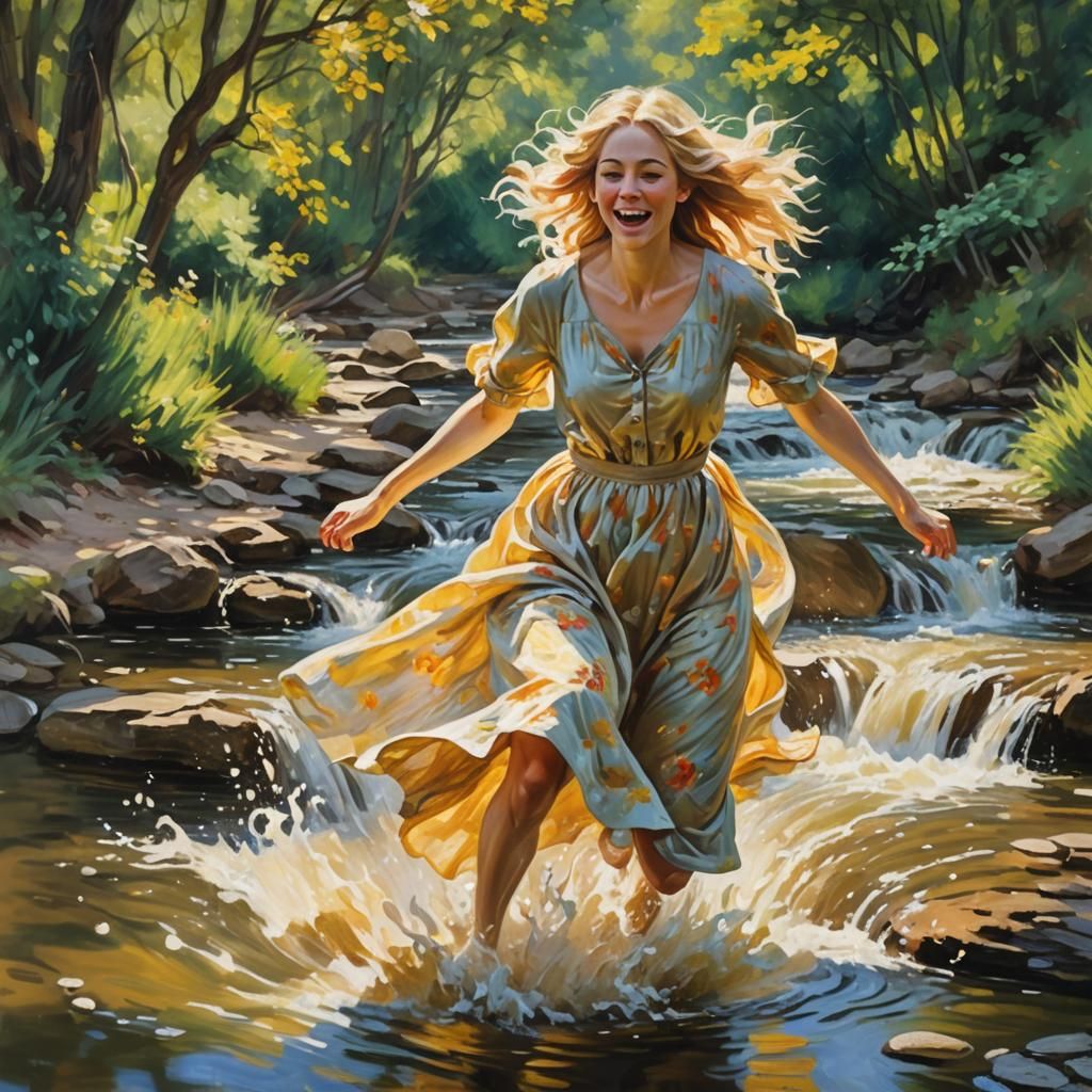 A Young Woman Leaps into a Serene Creek Landscape in Vibrant...