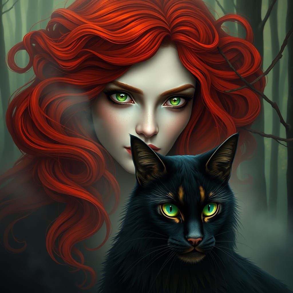 Mystical Red-Haired Woman in Enchanted Forest