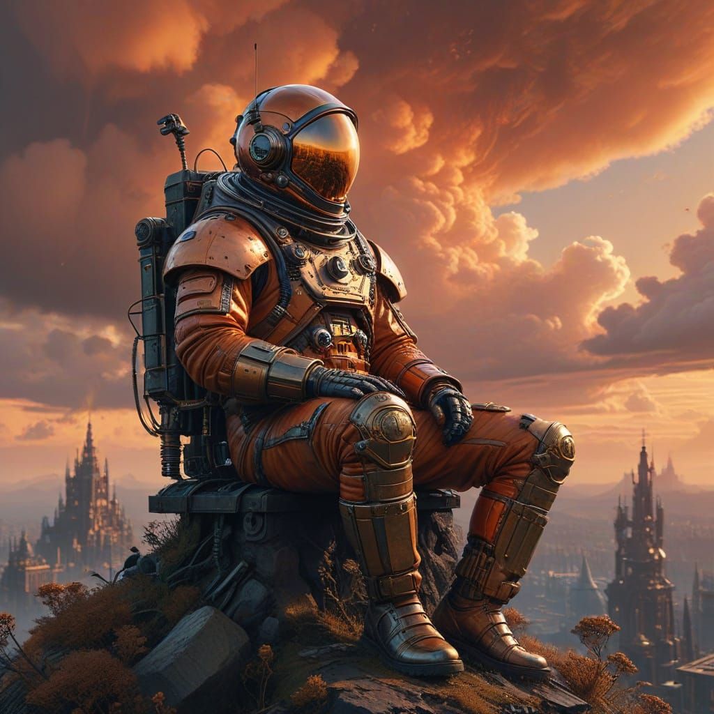 Astronaut Contemplates Steampunk Metropolis in Golden Hour