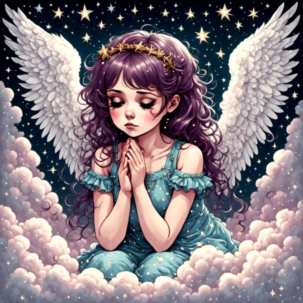 Anime Angel Praying in Glittery Starry Clouds