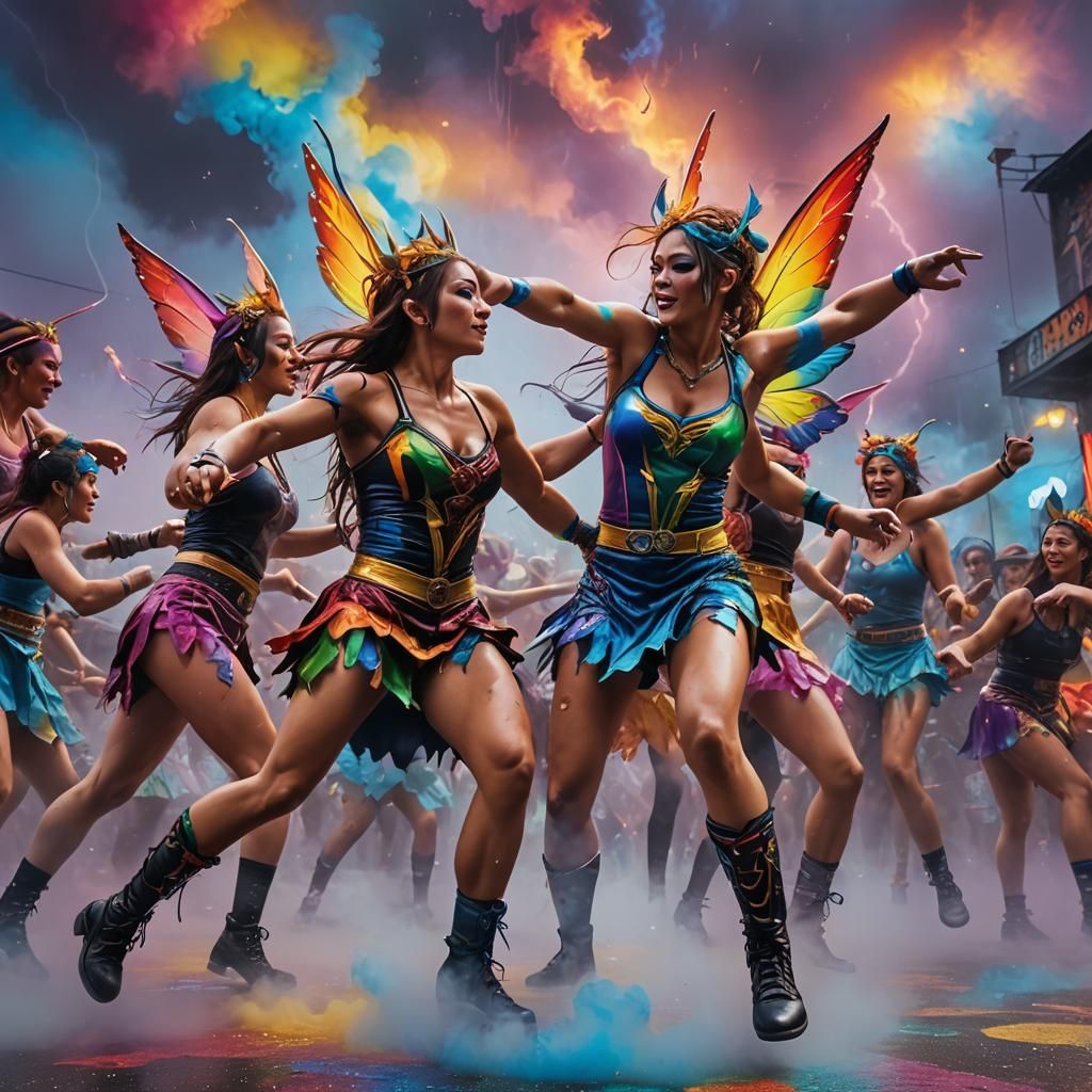 Fairy Wrestling Waitresses in Vibrant Street Art Style