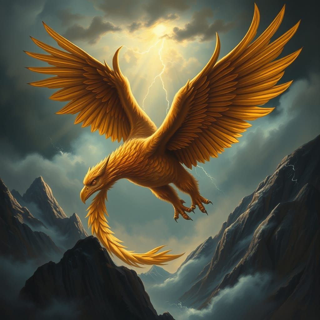 Griffin Soaring Through Stormy Sky as Oil Painting