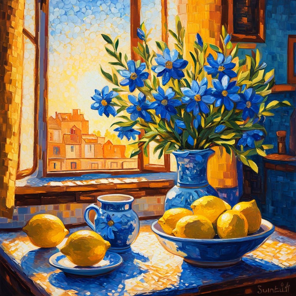 Sunlit Still Life in Neo-Impressionist Oil Painting Style