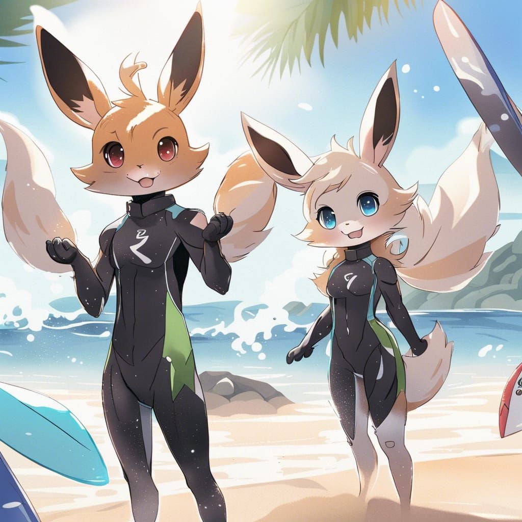 Anime Style: Anthro Eevees Surfing at the Beach