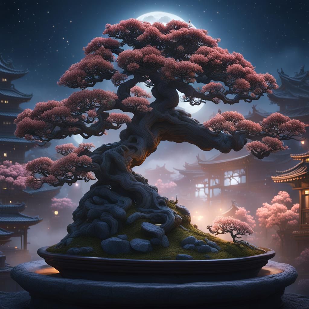Mystical Flowering Bonsai Tree in Moonlight